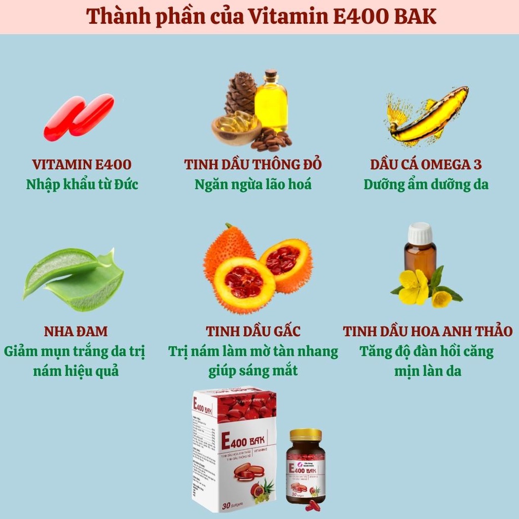 Vitamin E đỏ E400 BAK 400mg Shop Mami Mon Viên uống đẹp da vitamin e đỏ nga 400iu