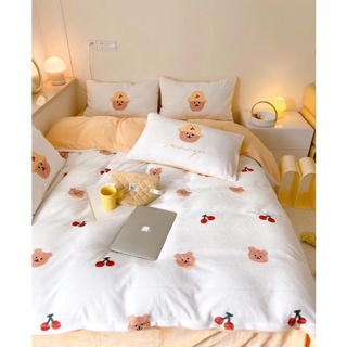 Bộ chăn ga gối nỉ nhung tuyết mịn mẫu gấu cherry