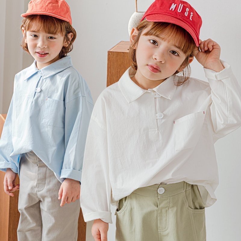 Áo sơ mi bebezoo túi ngực 2 màu trắng/xanh dài tay BT