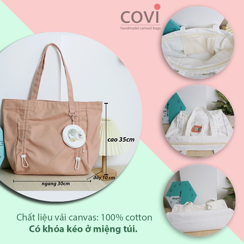 Túi Tote Vải Canvas Phom Ngang Phối Dây Rút Trước Và Túi Tròn In Hình Thời Trang COVI Nhiều Màu Sắc T2