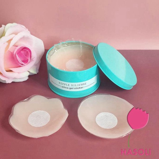 Miếng Dán Ngực Silicon Cao Cấp Hộp 5 Đôi  Loại Có Nhũ Che Đầu Ti  (Hộp Sắt)