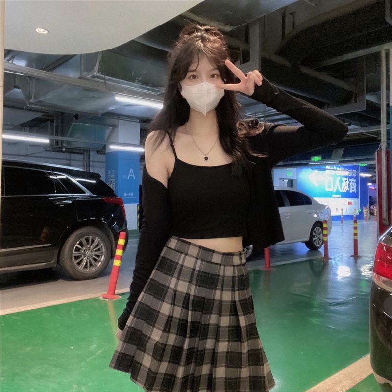 SUXI Set Áo Hai Dây + Áo Khoác Cardigan Mỏng Tay Dài Thời Trang Mùa Thu Cho Nữ