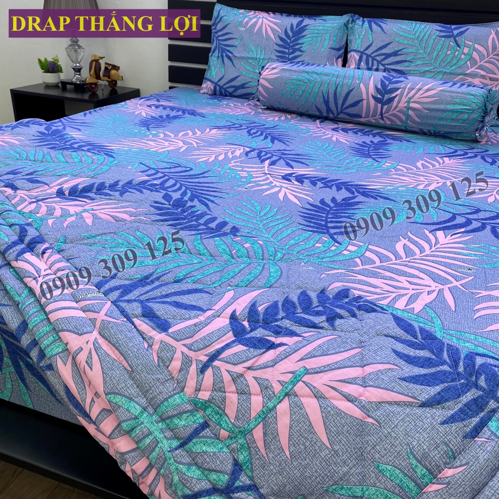Drap cotton Thắng Lợi, ga giường chuẩn logo CTY (4 món) mát mịn mẫu LÁ LIỄU