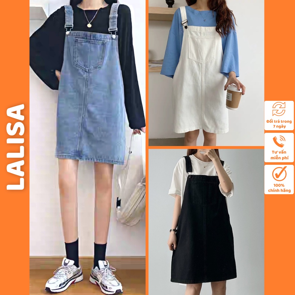 Váy Yếm Nữ LALISA Váy Yếm 2 Dây Phong Cách Vintage Thiết Kế Ngắn Xinh Chất Kaki Ba Màu Trắng Đen Xanh QDE1