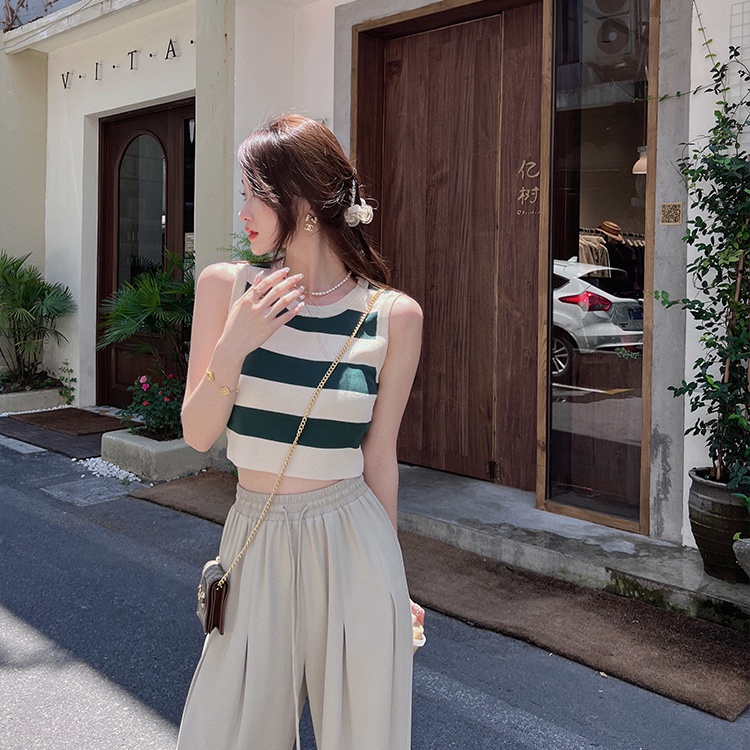 SUXI Áo Dệt Kim Sát Nách Cổ Tròn Dáng Ôm Họa Tiết Kẻ Sọc Thời Trang Mùa Hè Dễ Phối Đồ Cho Nữ