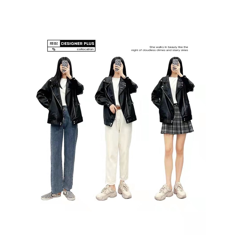 Áo khoác da PU dáng rộng phong cách đường phố Hồng Kông thời trang thu đông cho nữ