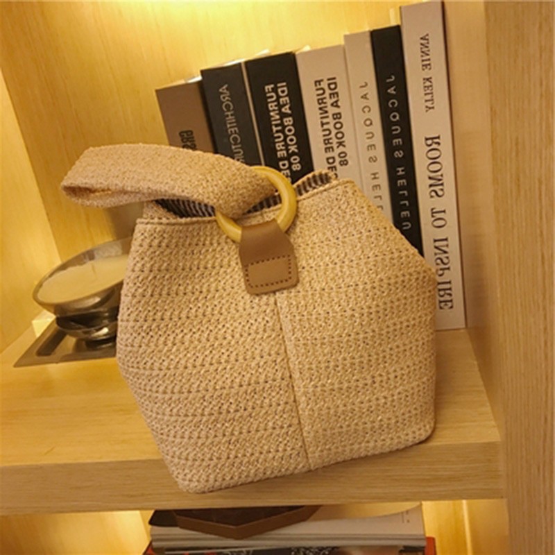 Túi cói Bằng Rơm Dệt Hình Vuông Nhỏ Có Khóa Vòng Dễ Thương