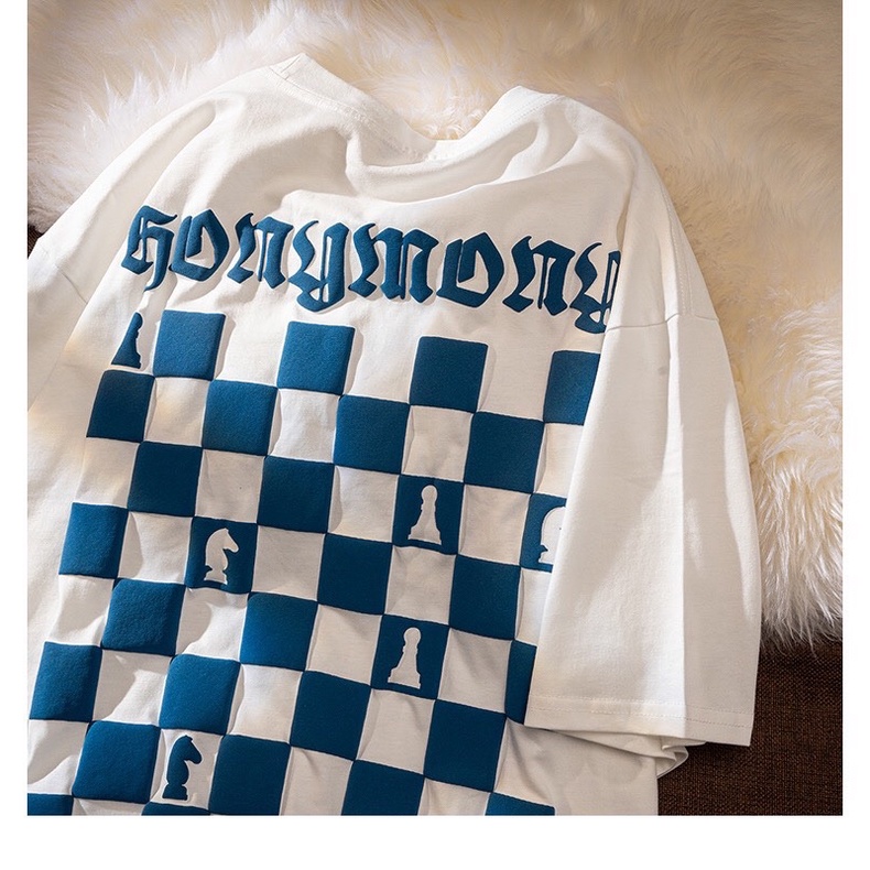 Áo phông nam nữ form rộng 2N Unisex thun cotton in Bàn cờ trắng/xanh/be