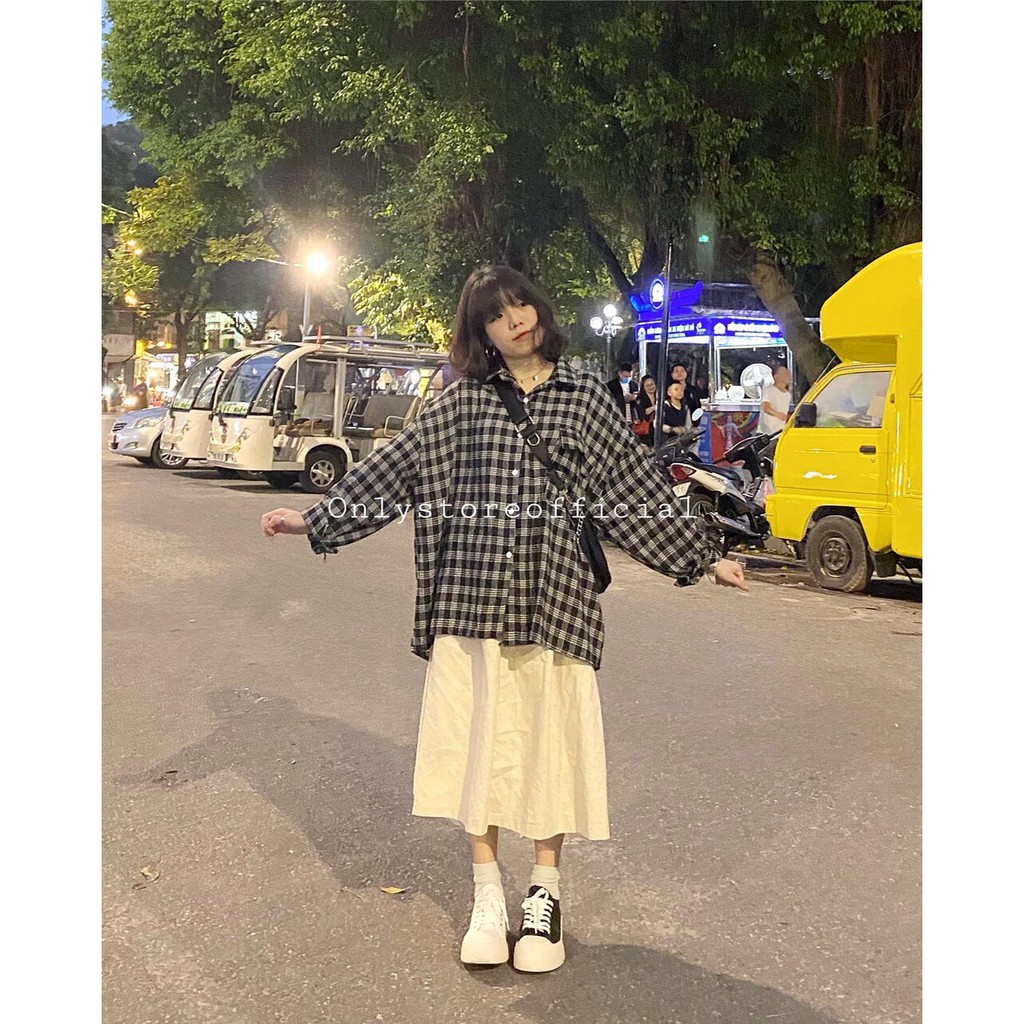 Áo Sơ Mi Kẻ Tay Bồng Form Rộng Oversize Sọc ĐEN | NÂU Ulzzang HOT