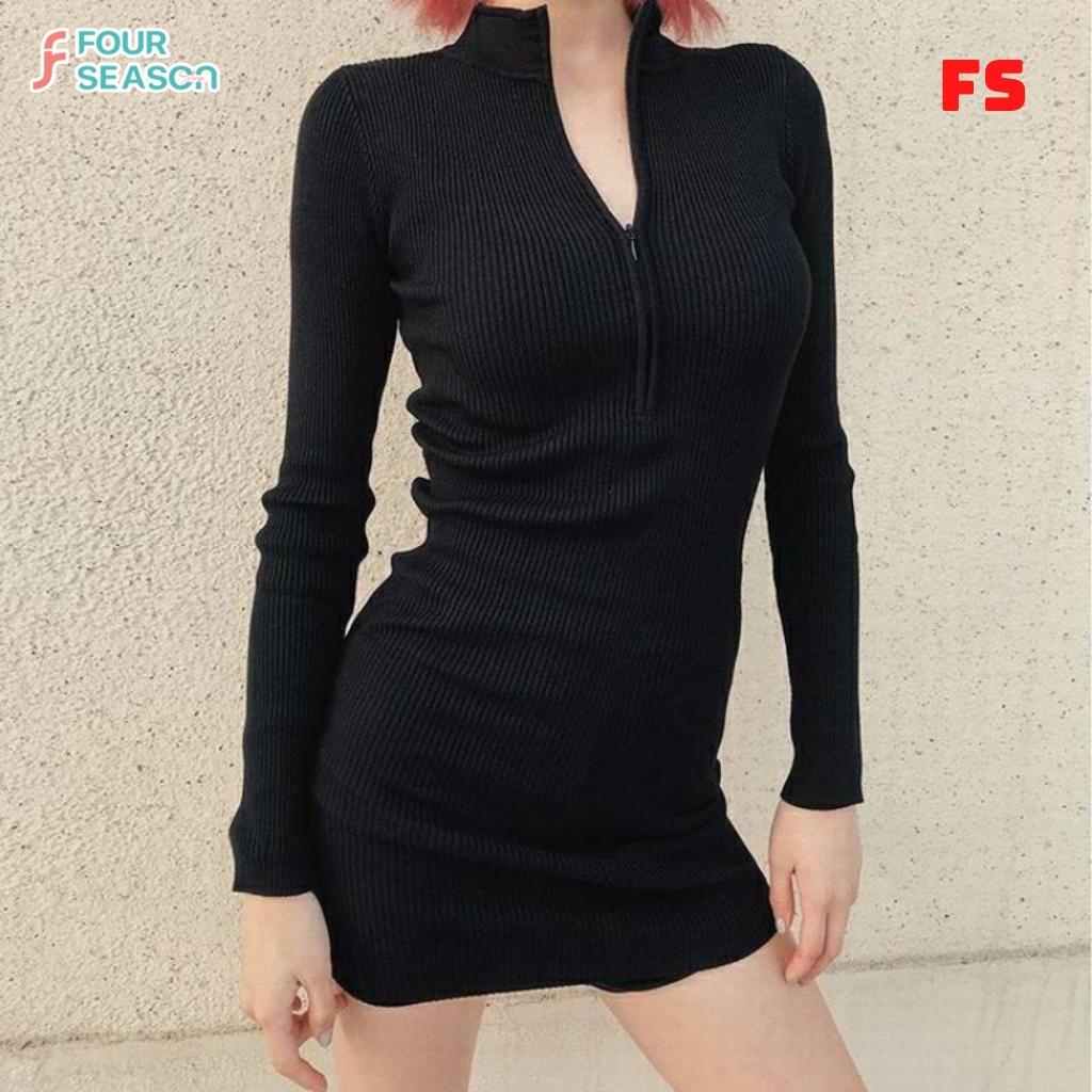 Đâm body phối khóa kéo trước tay dài CV02 4S thiết kế cổ chữ V váy ôm dáng nhún eo quyến rủ | BigBuy360 - bigbuy360.vn