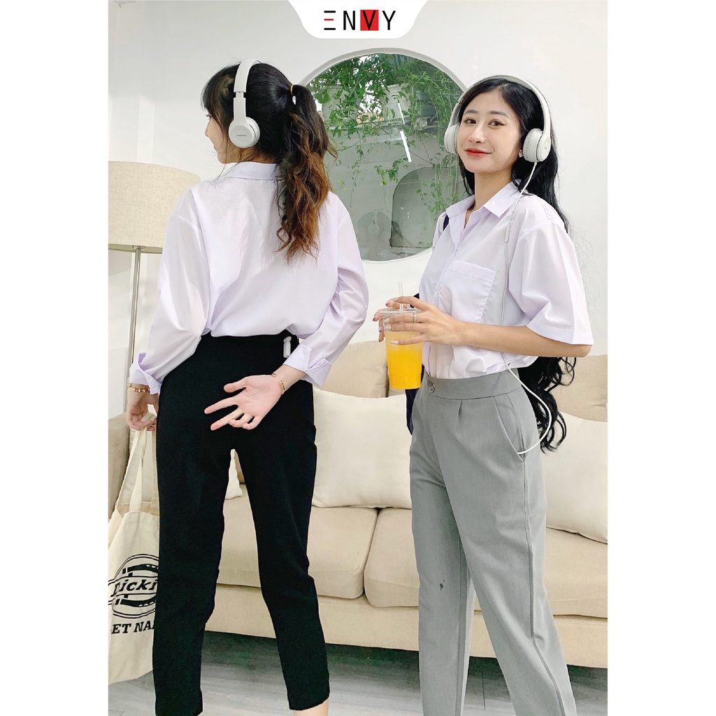 Áo sơ mi nữ tay ngắn có túi ENVY SO04 màu trắng form rộng style học sinh, sinh viên