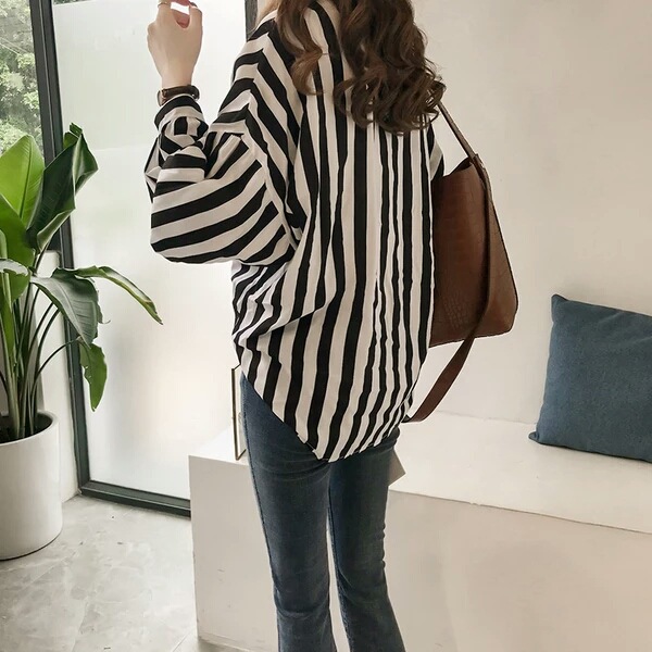 THEODORA M-4XL Black/Green stripe long sleeve plus size mid-long boyfriend shirt Button down bigsize women blouse Fashion loose modern wear