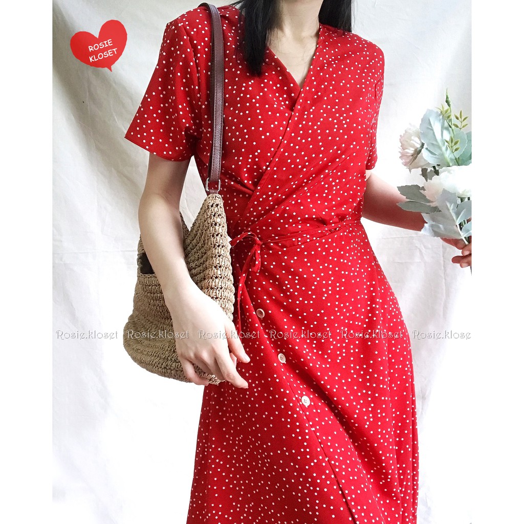 [Rosie.kloset] Váy chấm bi đắp tà chéo Wrap dress, váy midi, váy xẻ hàn quốc | ẢNH THẬT DO SHOP CHỤP |