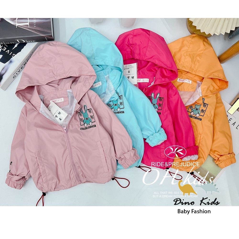 Áo khoác bé gái, bé trai, áo gió 2 lớp họa tiết thỏ thêu BRLO vải chính phẩm siêu đẹp cho bé