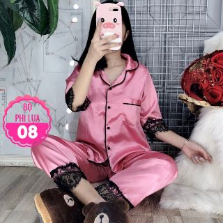 Đồ bộ pijama phi lụa viền ren tay lỡ size dưới 60kg