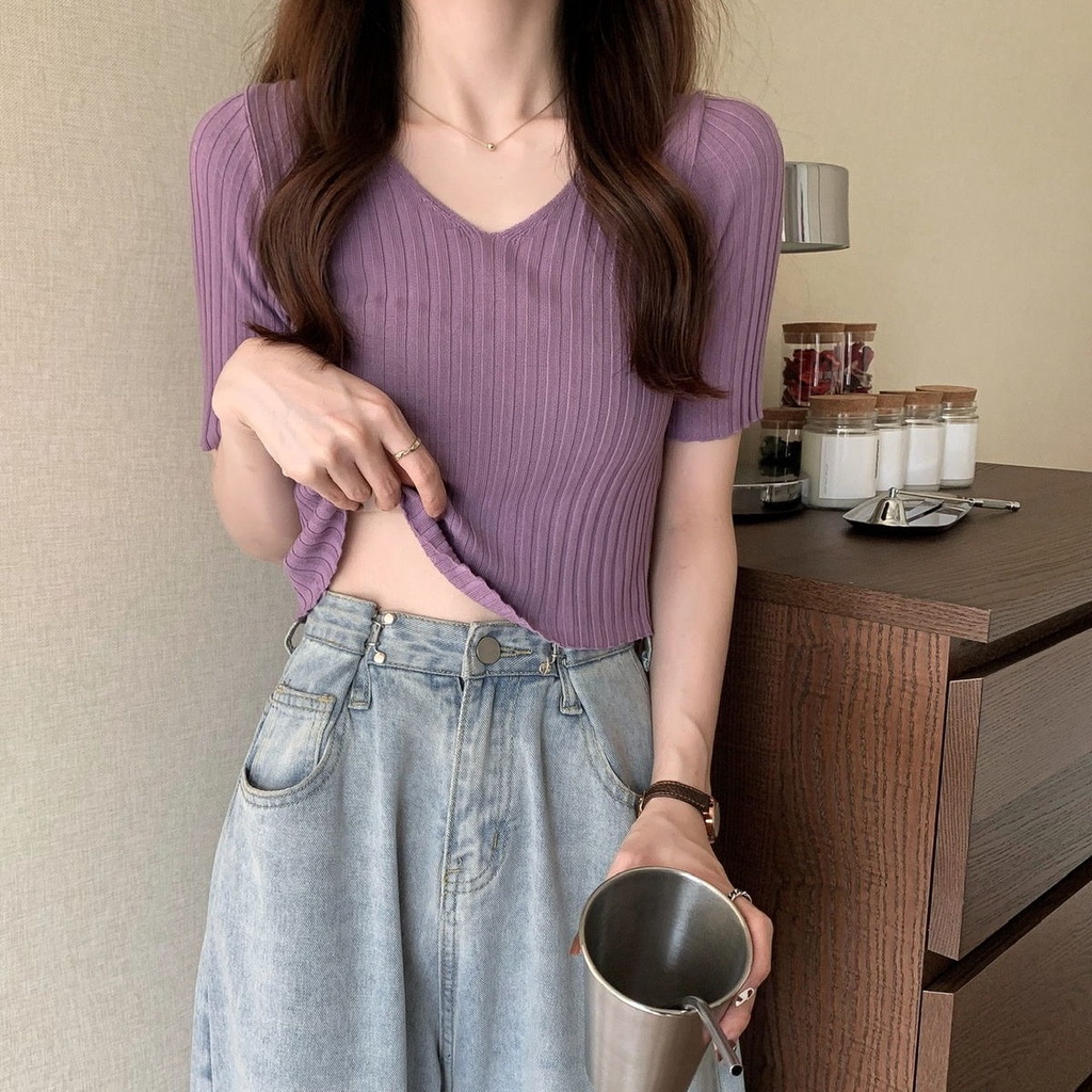 Áo Thun Nữ Đan Len Ngắn Tay Cổ Chữ V Thời Trang Hàn Quốc Cho Áo phông Nữ TX-110