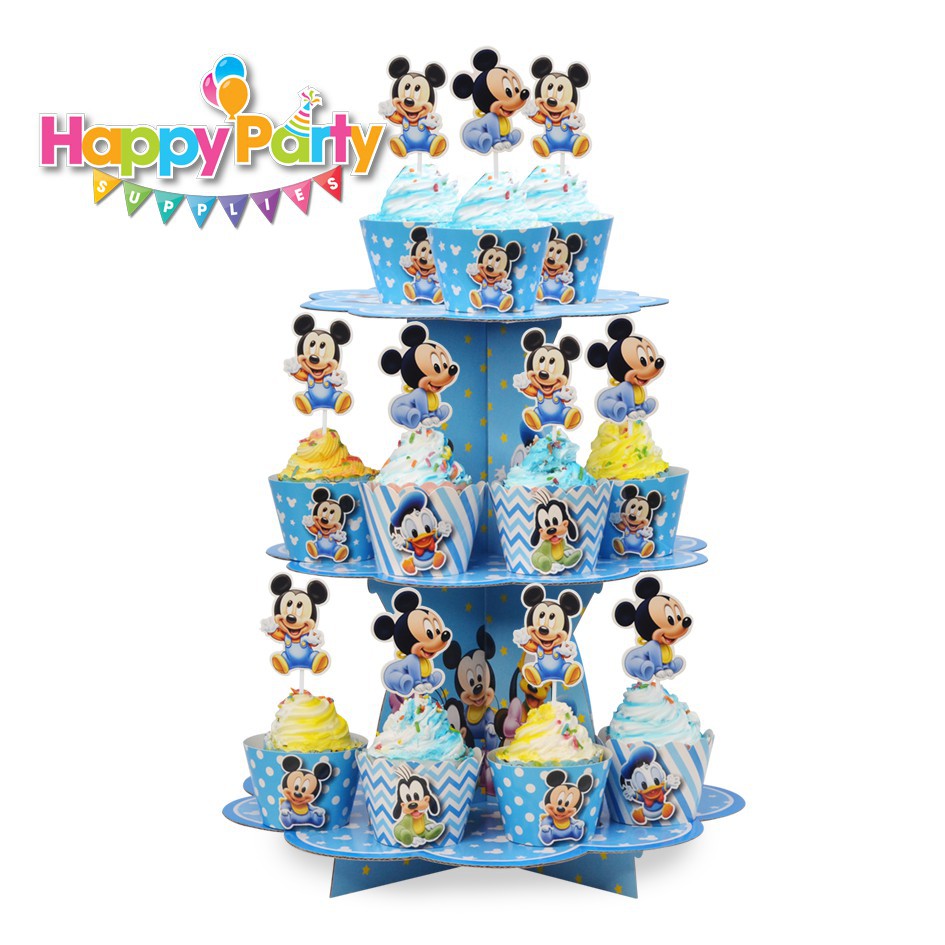 Set trang trí sinh nhật bé trai Bộ phụ kiện chủ đề Mickey xanh mini - mega - Happy birthday thôi nôi cho bé