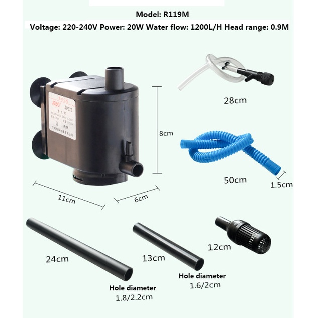 Máy bơm chìm bể cá 3 chức năng: bơm + lọc + sủi Jebo R119M (công suất 20W cho bể 50-200 lít)