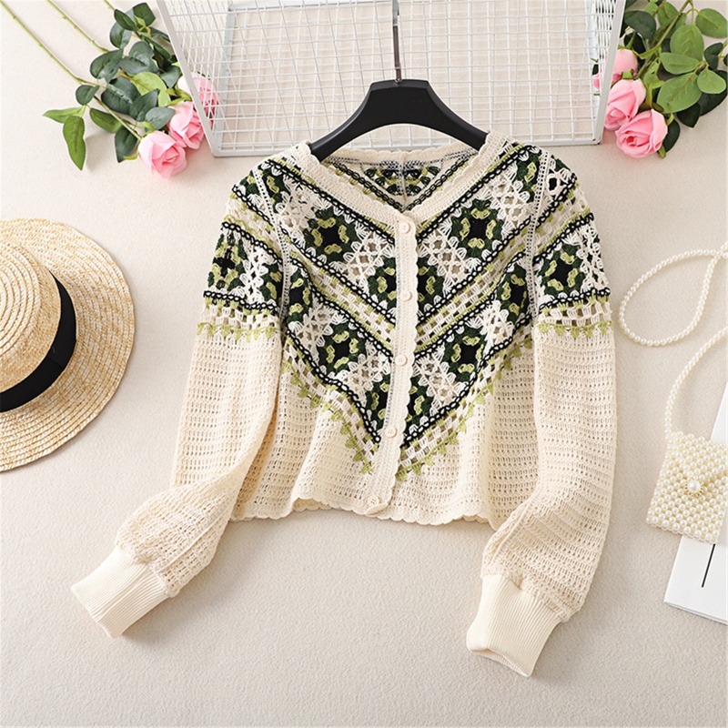 Áo Khoác Cardigan Dệt Kim Tay Dài Dáng Rộng Cài Khuy Họa Tiết Hình Học Dễ Thương