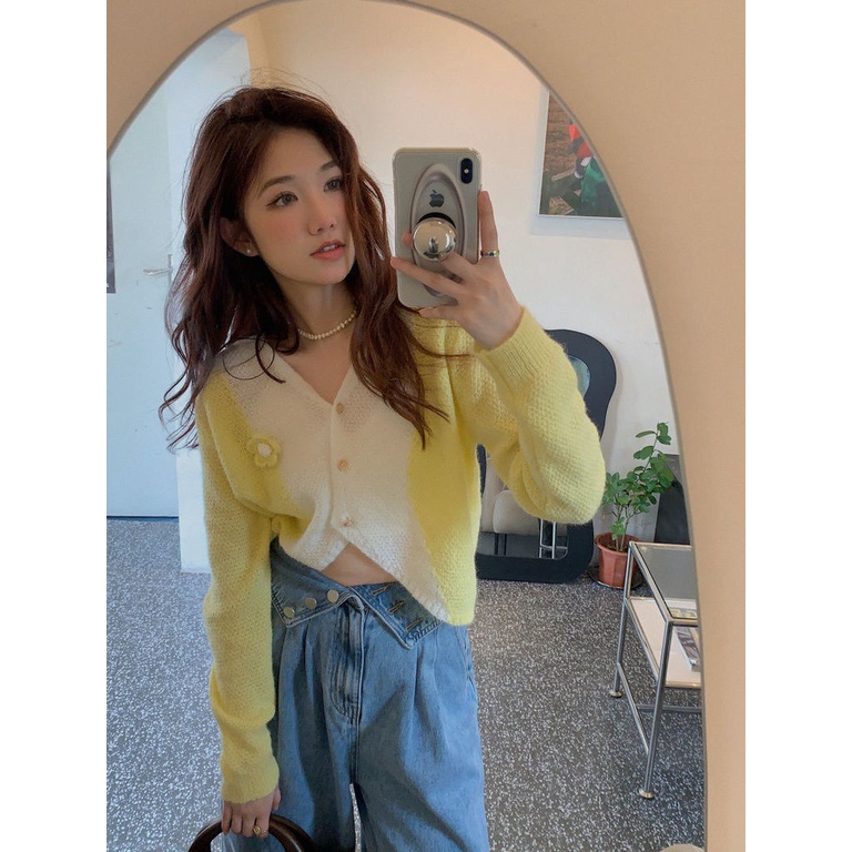 Áo cardigan Dệt Kim Họa Tiết Hoa Ba Chiều Màu Sắc Tương Phản Dành Cho Nữ