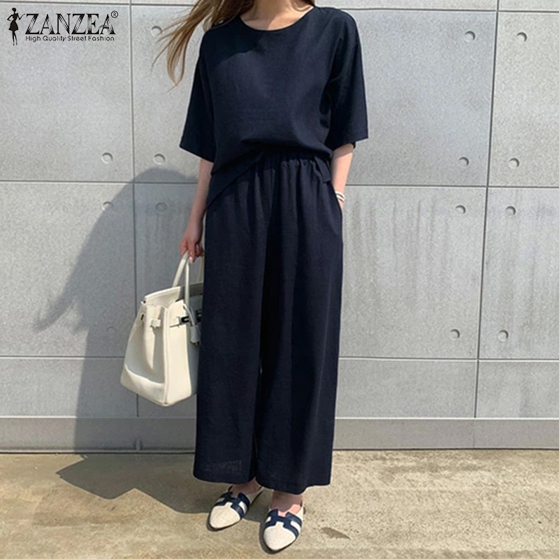Set đồ Zanzea gồm áo thun tay lửng dáng rộng + quần dài lưng thun thời trang Hàn cho nữ