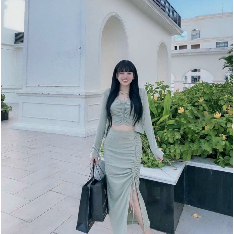 [HCM] Sét 3 Món Chân Váy Dài Dây Rút Kèm Áo Khoác Thời Trang Nữ Sam Closet Free Size 40-55kg