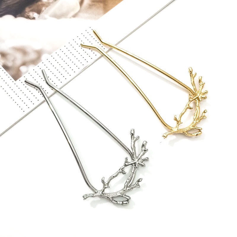 Trâm Cài Tóc Chữ U Hình Lá Có Đính Đá & Ngọc Trai