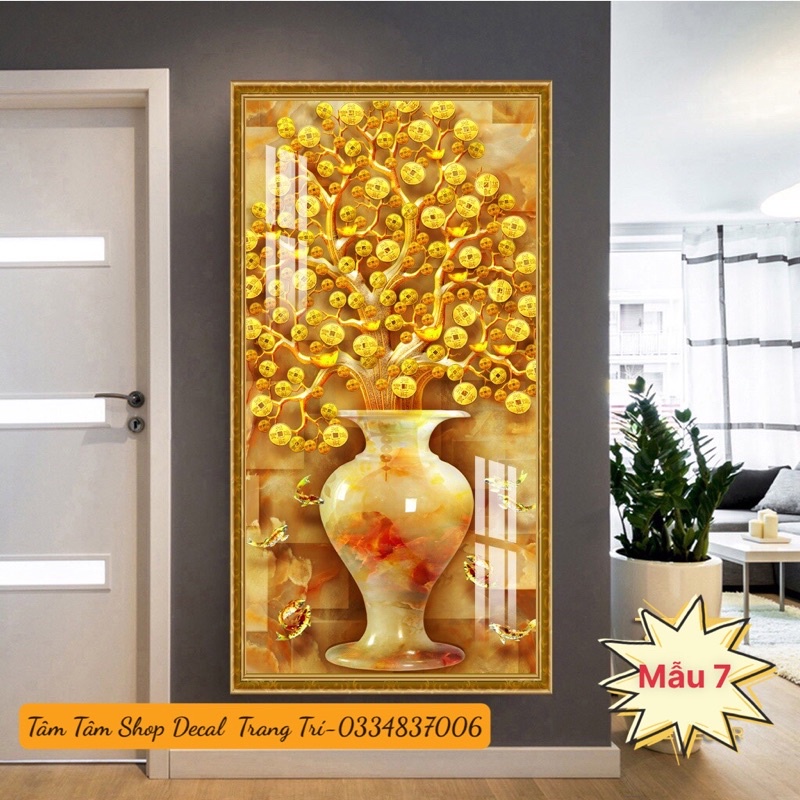 [Nhiều Mẫu] Tranh dán tường giả tráng gương hình cây tài lộc, sẵn keo dán