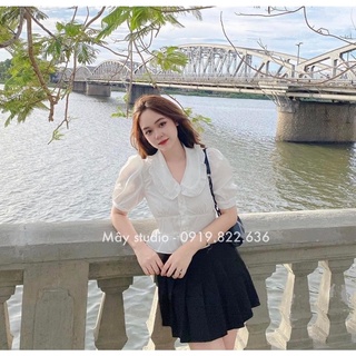 Set áo cổ sen + chân váy xếp ly