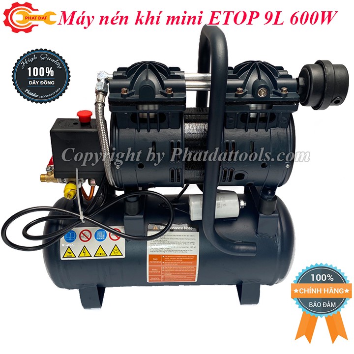 Máy nén khí sạch giảm âm không dầu mini ETOP 9L-Công suất 600W-Tặng kèm dây xoắn hơi 9m và xì khô