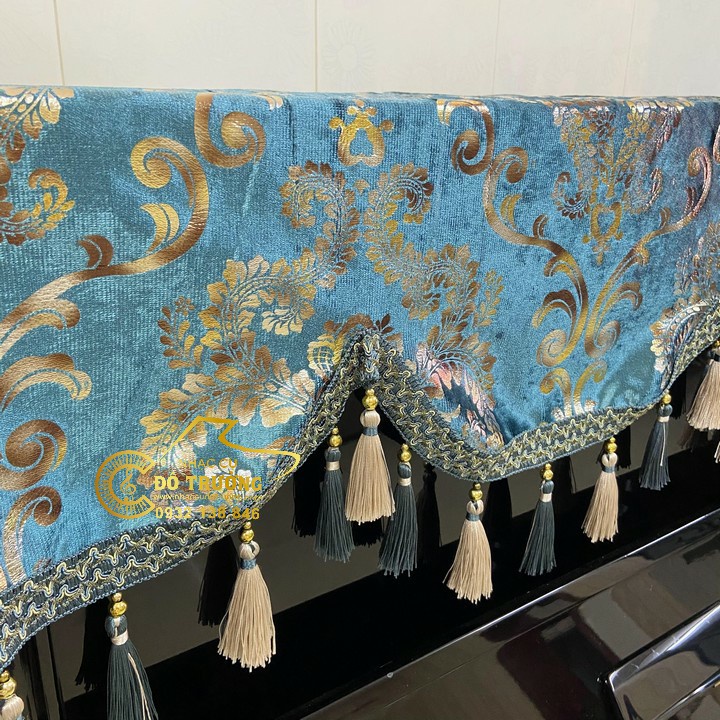 Khăn phủ đàn Piano cơ mẫu xanh phối tua rua chùm cao cấp