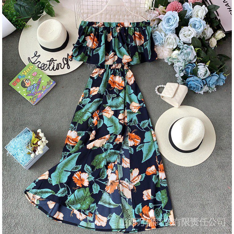 Đầm maxi chiffon Trễ Vai In Hoa Phong Cách Bohemian Hàn Quốc Nbq7 Đi Biển Cho Nữ