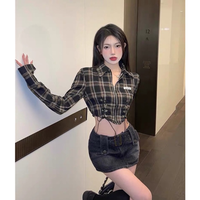 Áo Khoác Sơ Mi Croptop Kẻ Caro Khoá Kéo Phong Cách Cá Tính Năng Động