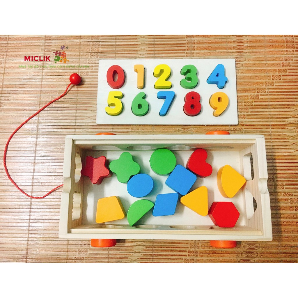 Đồ Chơi Xe Kéo Thả Hình Khối Và Số Đếm Cho Bé - Đồ Chơi Thông Minh Montessori Cho Bé - Đồ Chơi Trí Tuệ