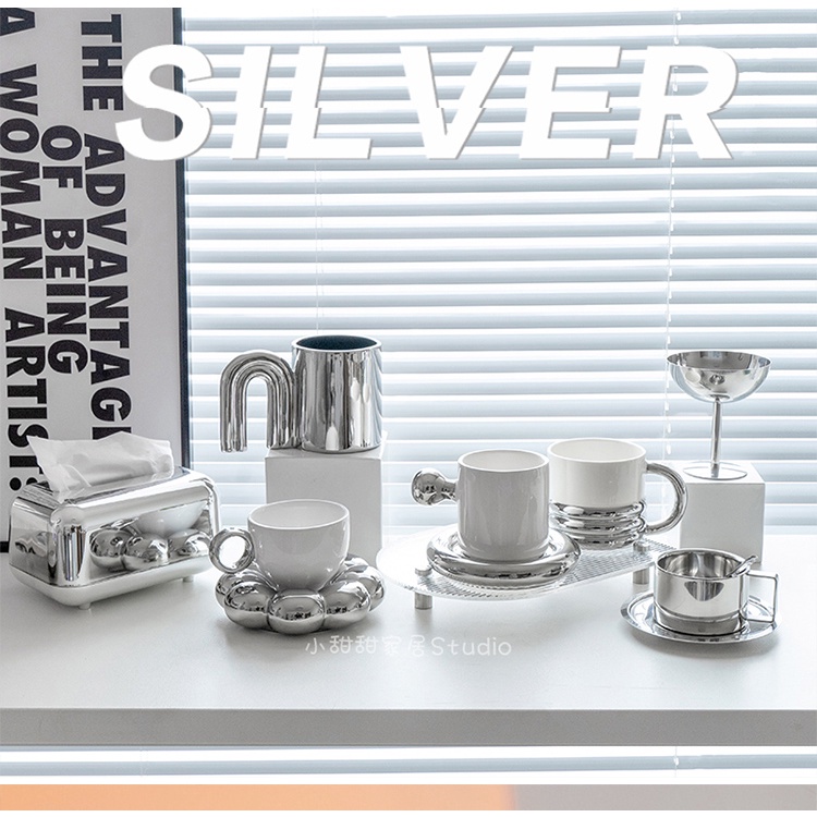 Cốc mạ điện bạc đạo cụ trang trí bộ sưu tập decor chụp ảnh - Bộ cốc gốm sứ cốc cà phê , đĩa, hộp giấy