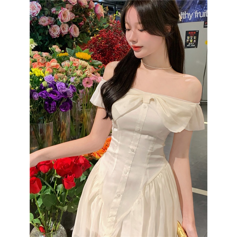 M193 - Váy voan body trễ vai Ulzzang đính nơ trẻ trung (2 kiểu)