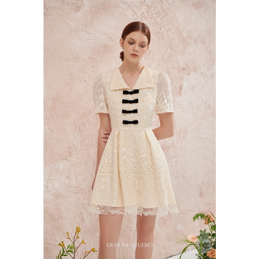 Bellamy Dress - Váy nơ ren trắng ngà ngắn tay