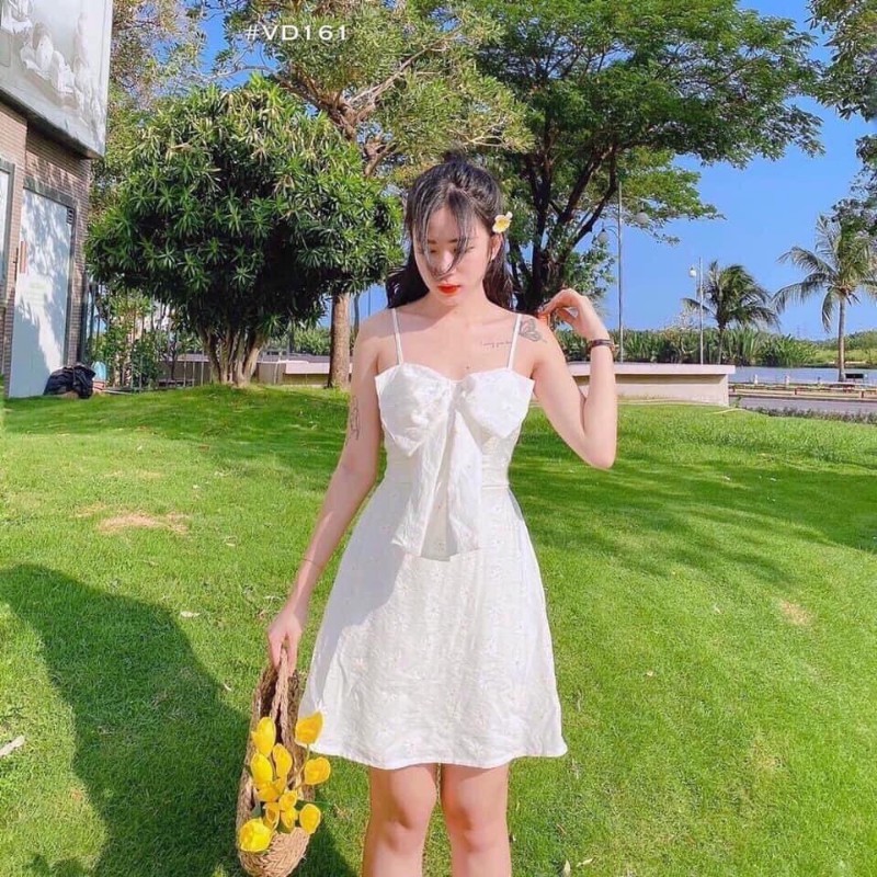 Đầm trắng 2 dây cúc họa mi nơ ngực✨FREESHIP✨đáng yêu trẻ trung | BigBuy360 - bigbuy360.vn