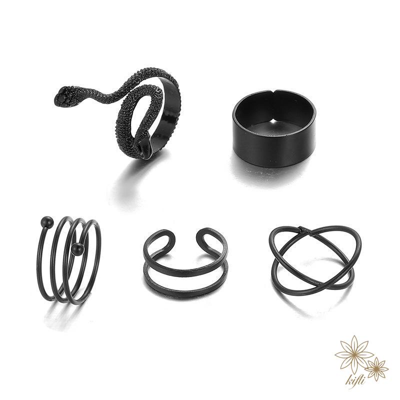 Bộ 5 Nhẫn Hình Rắn Đen Có Thể Điều Chỉnh Kích Cỡ Thời Trang Unisex