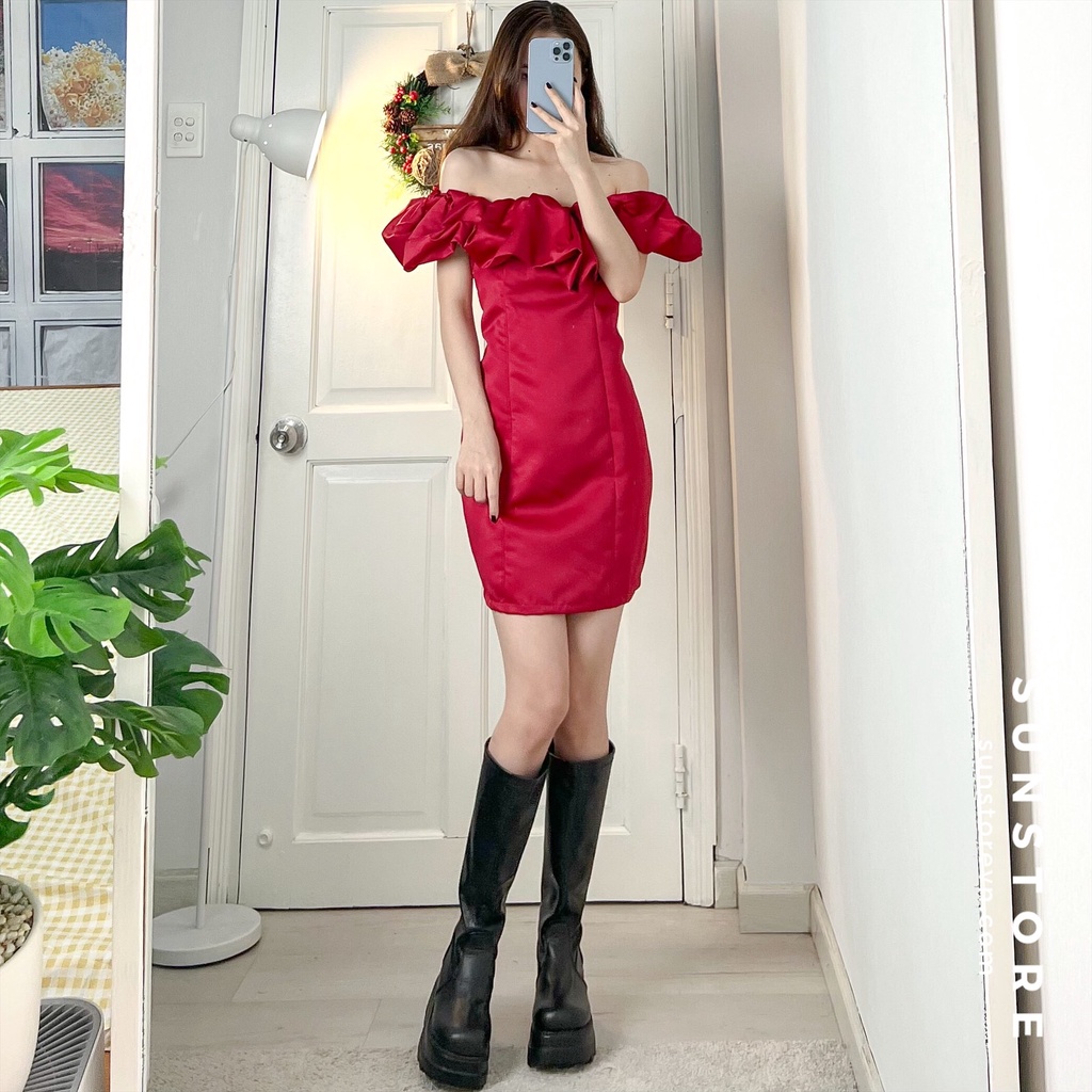 Đầm dự tiệc trễ vai dáng ngắn mini váy bút chì không tay bèo phồng màu đỏ
