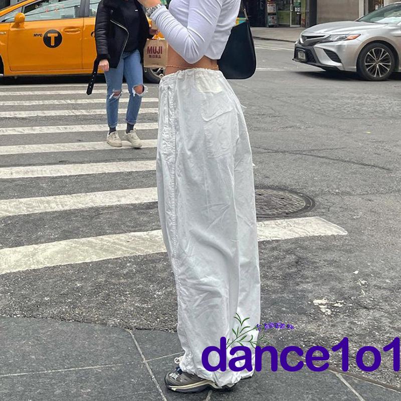 dance1o1-Y2K Harajuku Women´s Solid Color Elastic Waist Tie-Up Side Pockets Loose Fit Trousers