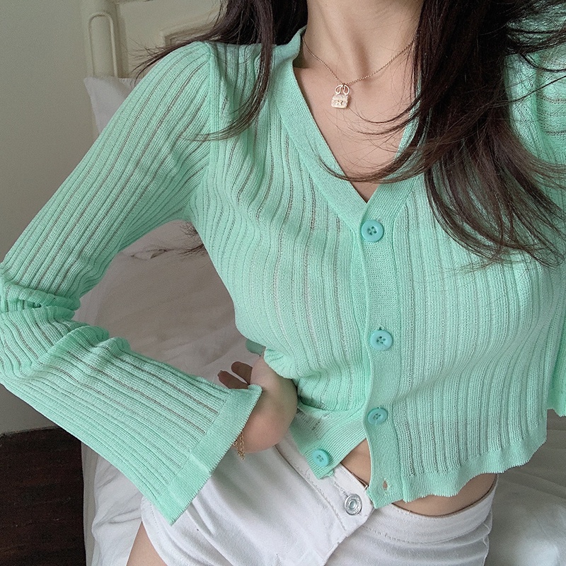 Áo khoác cardigan ZHELIHANGFEI dệt kim mỏng tay dài cổ chữ V dáng rộng thời trang mùa hè dành cho nữ