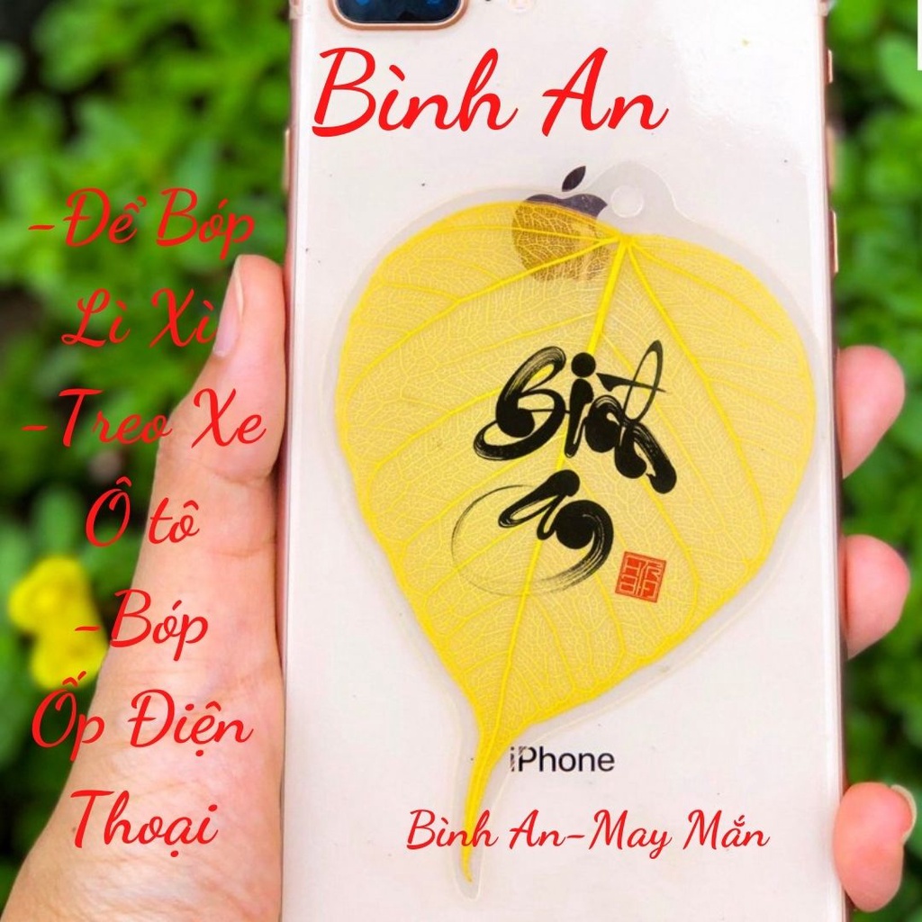 Lá Bồ Đề thư pháp chữ Bình an (Cầu Bình An – Tài Lộc – May mắn, Ốp điện thoại, Hàng loại 1)