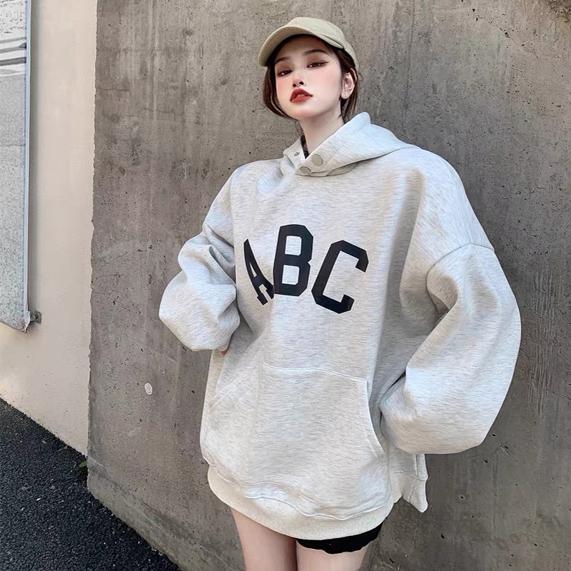 Oder áo hoodie dáng thụng giấu quần chữ ABC có mũ sau