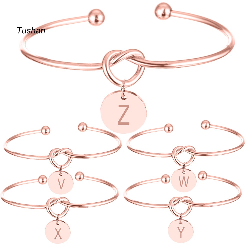 TUSH_Women Knotted Heart Opening Bracelet Letter Carved Metal Disc Charm Cuff Bangle