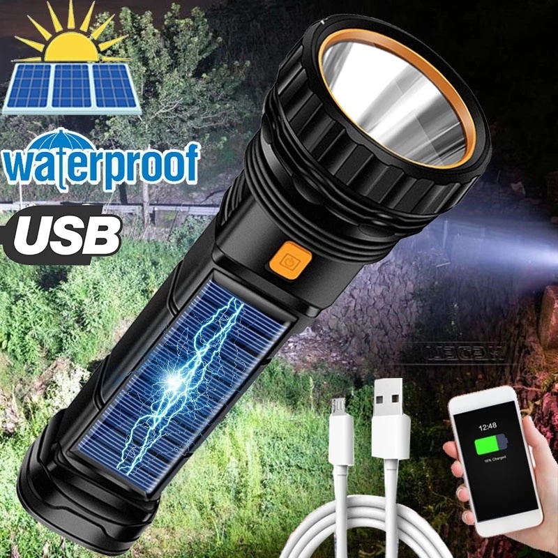 Đèn Pin LED Sử Dụng Năng Lượng Mặt Trời Siêu Sáng Chống Thấm Nước Có Thể Sạc Lại Bằng Cổng USB/Solar