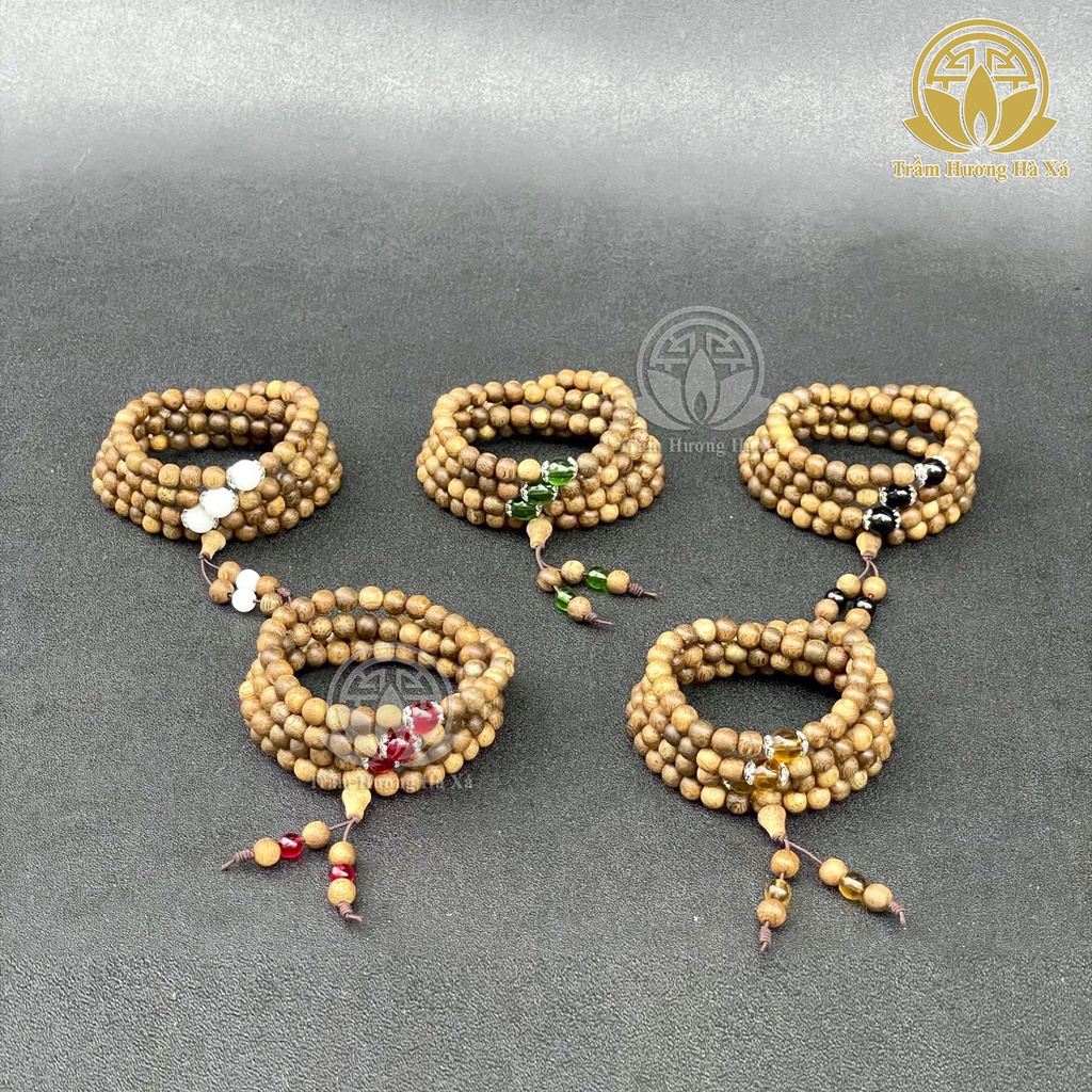 Vòng tay chuỗi tràng 108 hạt phong thủy trầm hương HÀ XÁ mix đá màu bế bạc mệnh kim mộc thủy hỏa thổ nam nữ tài lộc