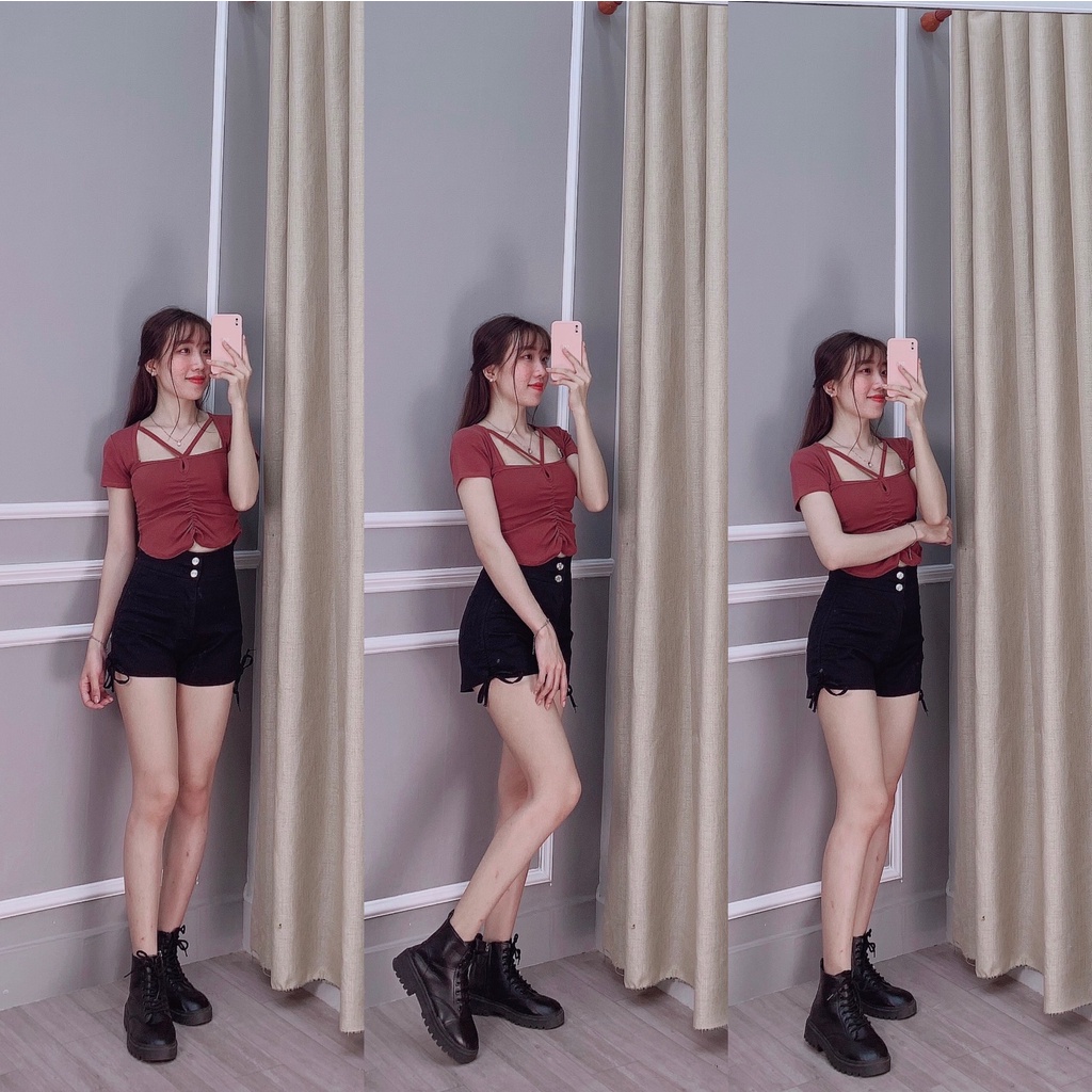 Quần đùi nữ mặc nhà lưng cao, quần short nữ kaki lưng cao dây rút MS80