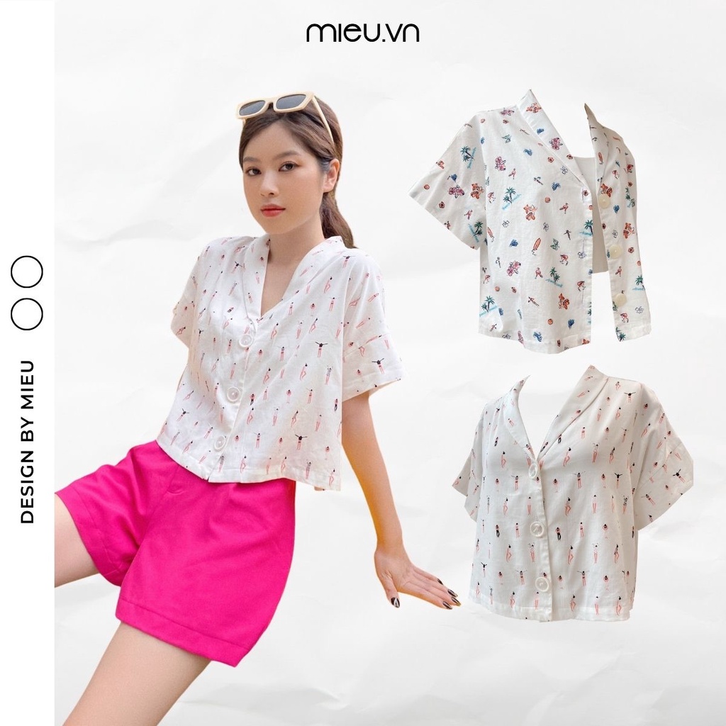 Áo sơmi dáng croptop cổ bẻ vải in họa tiết MIEU - HO11