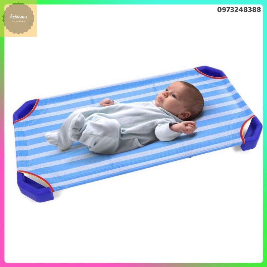 giường trẻ em , giường lưới cho bé kẻ sọc xanh dương 60x120 cm có 2 thanh đỡ dưới lưng chắc chắn dùng cho trẻ mầm non